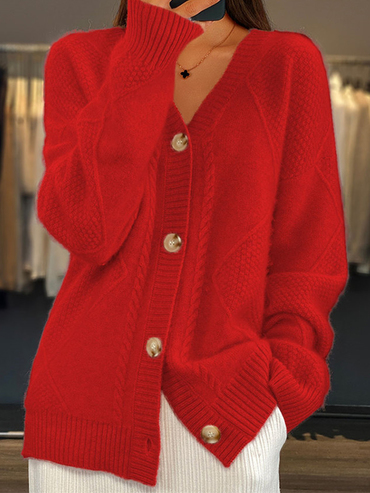 Women's Solid Color V-neck Chic Knitted Cardigan Jacquard Sweater Jacket