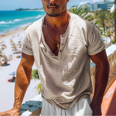 Men's Holiday Linen V-neck Chic Minimalist Plain Short Sleeve Shirt