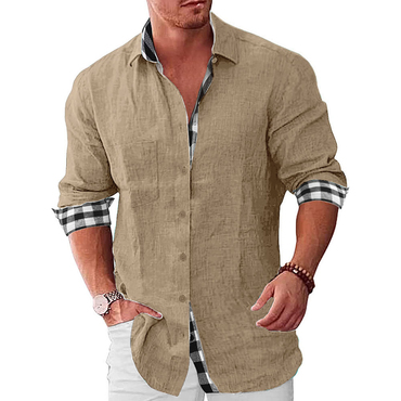 Men's Check Print Contrast Chic Long Sleeve Vintage Lapel Shirt
