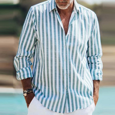 Men's Cotton Linen Vintage Chic Stripe Chest Pocket Long Sleeve Shirt