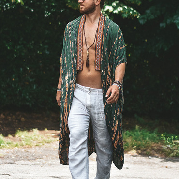 Men's Festive Hippie Ethnic Chic Linen Holiday Cardigan