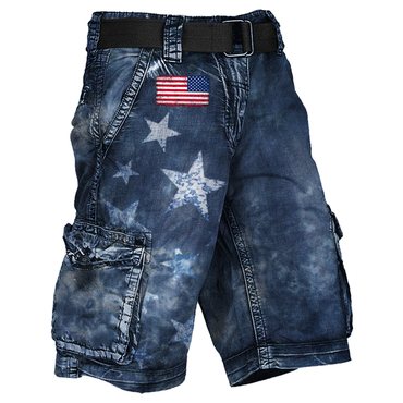 Men's Cargo Shorts American Chic Flag Star Tie Dye Print Vintage Distressed Utility Outdoor Shorts