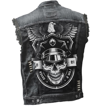 Men's Vintage Rock Punk Chic Skull Eagle Print Washed Distressed Ripped Denim Vest Jacket