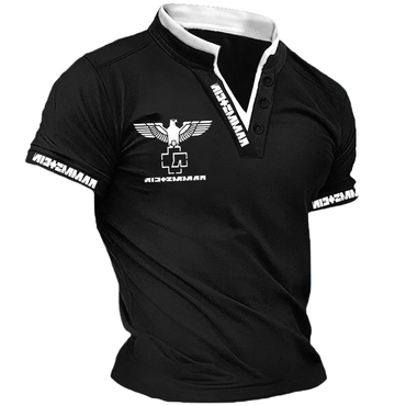 Men's Rammstein Contrast Cuff Chic Letter Print V-neck Stand Collar T-shirt