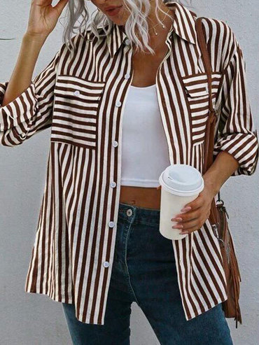 Casual Loose Striped Print Chic Cardigan Long Sleeve Blouse