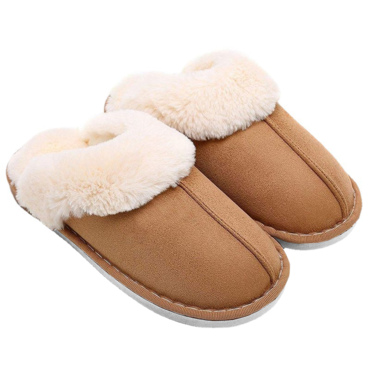 Women's Faux Fur Slippers Chic Fleece Lined Suede Leather Pull On Round Toe Casual Cotton Slippers