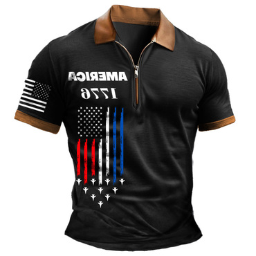 Men's Vintage American Flag Chic Independence Day 1776 Color Block Short Sleeve Zipper Polo T-shirt