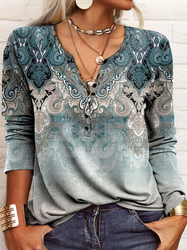Round Neck Casual Loose Chic Vintage Print Long Sleeve T-shirt