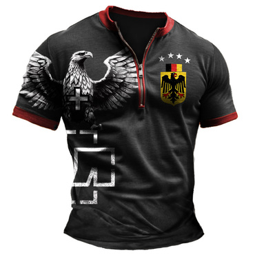 Men's Vintage Rammstein Rock Chic Band German Flag Color Block Zipper Henley Collar T-shirt