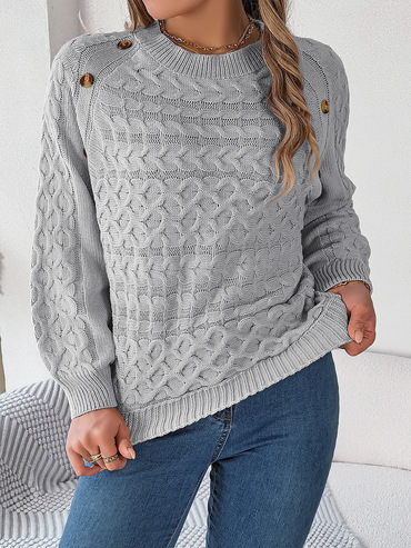 Women's Solid Color Twist Chic Button Lantern Sleeve Pullover Sweater