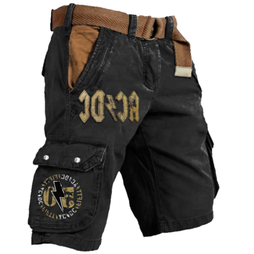 Men's Acdc Rock Band Print Chic Outdoor Vintage Multi Pocket Studded Cargo Shorts