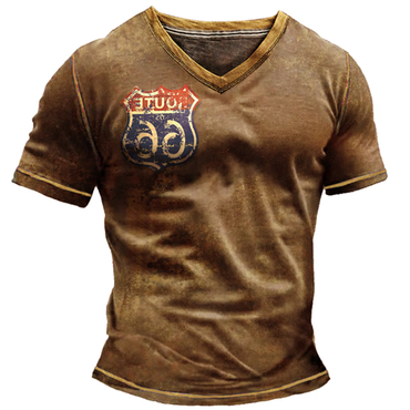 Men's Vintage Route 66 Chic States Distressed Wall Print Cuffs With Contrasting Color Washed V-neck T-shirt
