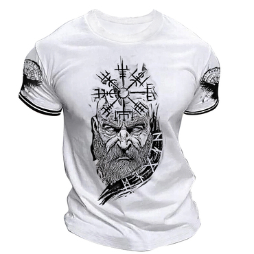 Men's Viking Vintage Contrast Chic Color Of Cuff Webbing Digital Print Short Sleeved T-shirt