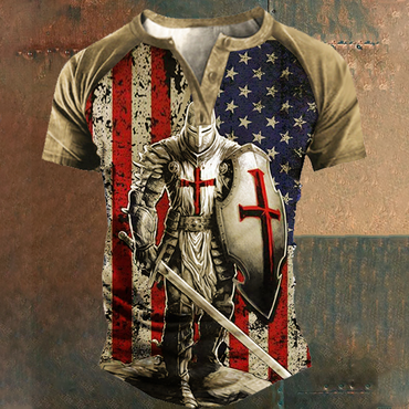 American Flag Templar Jesus Chic Cross Vintage Print Henley T-shirt