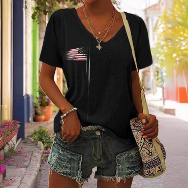 Women's American Flag Independence Chic Day 4th Of July Print Short Sleeve V-neck Casual T-shirt