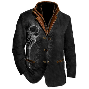 Art Skull Print Men Chic Vintage Fleece Blazer Double Layer Lapel Fur Leather Collar Medium Length Coats