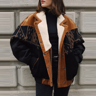 Women Retro Graphic Suede Chic Fleece Jacket Coat