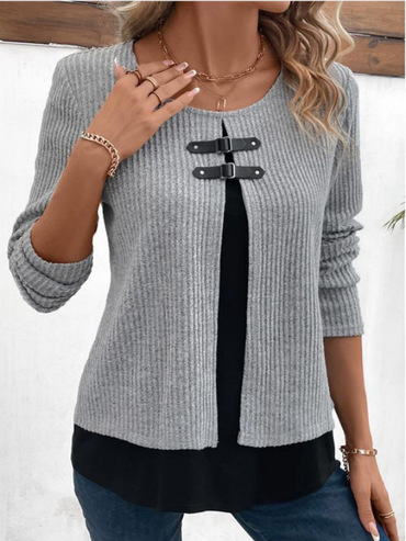 Women's Button Round Neck Chic Fake Two Piece Knitted Top