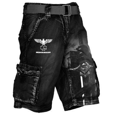 Men's Knight Rammstein Rock Chic Band Print Outdoor Vintage Multi Pocket Studded Cargo Shorts
