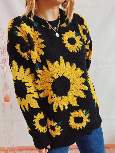 Women's Sunflower Jacquard Round Neck Chic Long Sleeve Knitted Pullover Sweater