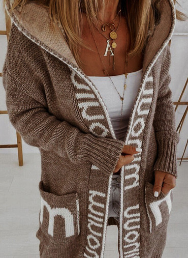 Women's Letter Print Loose Chic Mid-length Knitted Cardigan Hooded Coat