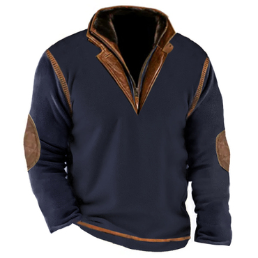 Men's Outdoor Fleece Sweatshirt Chic Casual Zip Polo Sweatshirt Double Layer Stand Collar Long Sleeve Vintage Contrast Tacti