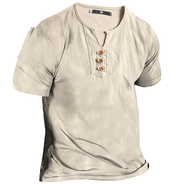 Men's Vintage Linen Henley Collar Chic Short Sleeve T-shirt