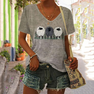 Women's Vintage Animal Sheep Chic Graphic Print Short Sleeve V-neck Casual T-shirt
