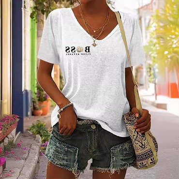 Women's Print Short Sleeve Chic V-neck Casual T-shirt
