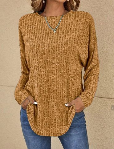 Women's Solid Color Knitted Chic Casual Round Neck Long Sleeve Top