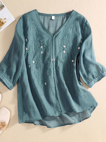 V-neck Casual Loose Embroidered Chic Short-sleeved Blouse