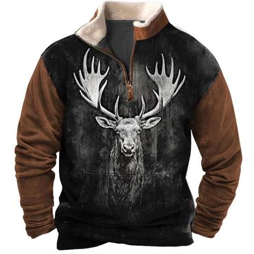 Men's Sweatshirt Quarter Zip Chic Hunting Elk Print Plush Collar Vintage Daily Tops