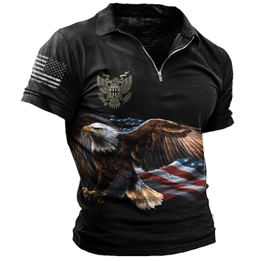 Men's Vintage America National Chic Flag Emblem Color Block Zipper Polo T-shirt