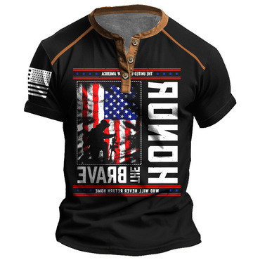 Men's Vintage Memorial Day Chic Patriotic Honor The Brave United States American Flag Henley Short Sleeve T-shirt