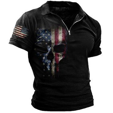 Men's Flag Skull Vintage Chic 1/4 Zipper Print Short Sleeved T-shirt