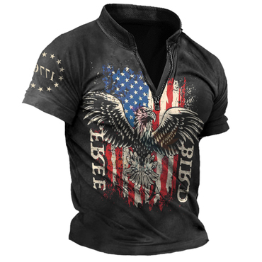 Men's 1/4 Zipper Vintage Chic American Flag Patriot Eagle Commemorating 1776 Retro Painting Short Sleeved T-shirt