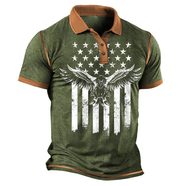Men's American Flag Eagle Print Chic Knitted Ribbed Short Sleeve Polo T-shirt