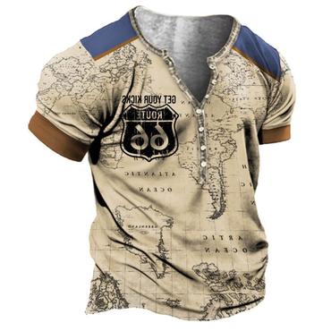 Men's Vintage Nautical Map Chic Route 66 Henley T-shirt