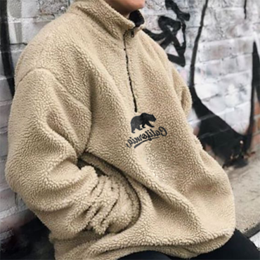 Men's California Bear Embroidered Chic Lamb Velvet Sweatshirt