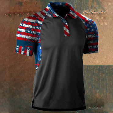 Men's American Flag Patchwork Print Chic Polo Neck T-shirt