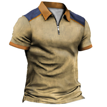 Men's Vintage Color Block Chic Tactical Zip Polo T-shirt