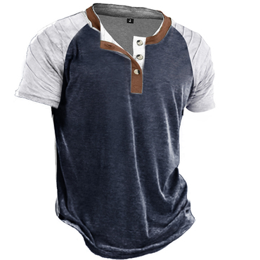 Men's Outdoor Pleated Raglan Sleeves Chic Henley Stand Collar T-shirt