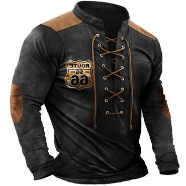 Men's T-shirt Route 66 Chic Lace-up Stand Collar Vintage Long Sleeve Colorblock Outdoor Daily Tops Black