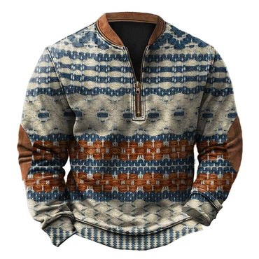 Men's Vintage Geometric Pattern Chic 3d Print Color Block Zipper Long Sleeve Sweatshirt