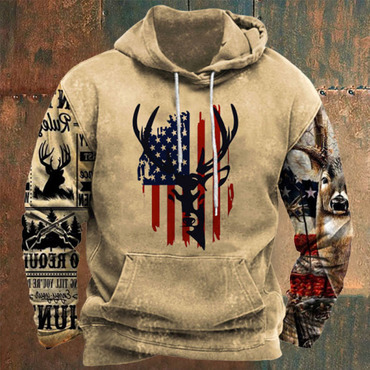 Vintage Men's Outdoor American Chic Deer Print Hoodie