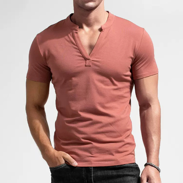 Men's Casual Deep V-neck Chic Slim Short-sleeved T-shirt Pure Cotton Solid Color Stretch Tight Top