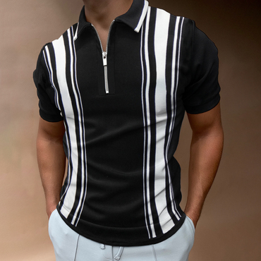 New Mens Holiday Black Chic Solid Color Zipper Casual Polo Shirt