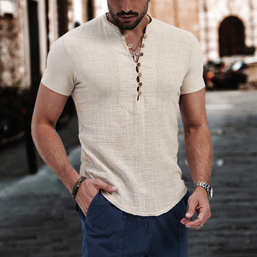 Men's Solid Cotton Linen Chic Henley Collar Casual Slim Fit Stretch T-shirt