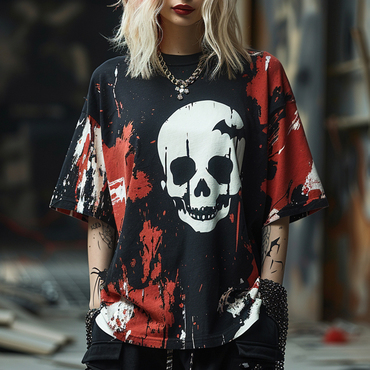 Oversized Halloween T-shirt Pumpkin Chic Bat Tie-dye T-shirt Gothic Dark T-shirt