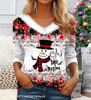 Women's Christmas Snowman Print Chic Long Sleeve V-neck Top